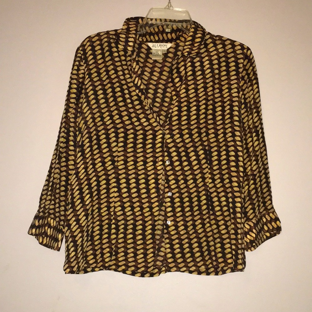 COPY - Allison Taylor 100% Silk Brown Beige Pattern 3/4 Quarter Sleeve Top